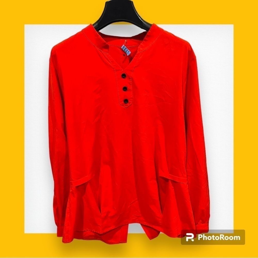 Silk Blouse Red Orange Button Back - Medium - image 2